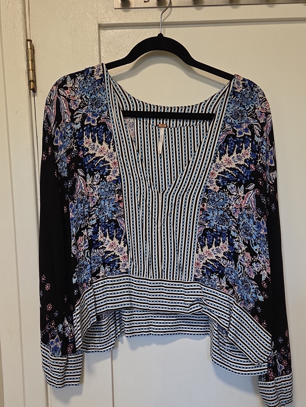 Free People Black and Blue Floral-Stripe V-Neck Blouse